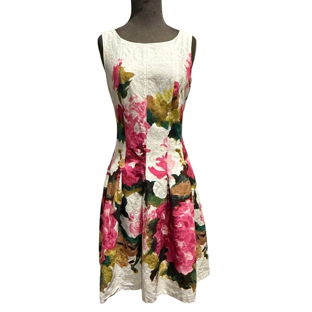 Jones New York Floral Jacquard Fit and Flare Dress‎ Pink Green White Size 10